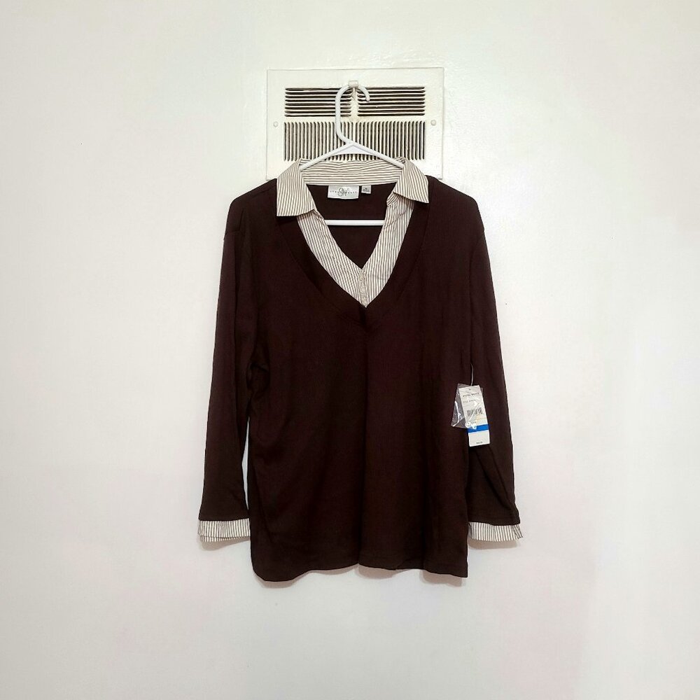 Studio Works XL Brown Corduroy Shirt – V-Neck, Striped Collar, New with Tags